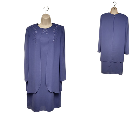 VIRGO Vintage Chiffon Long Sleeve Embellished Floral Knee Length Lilac Dress 12 - Picture 1 of 7